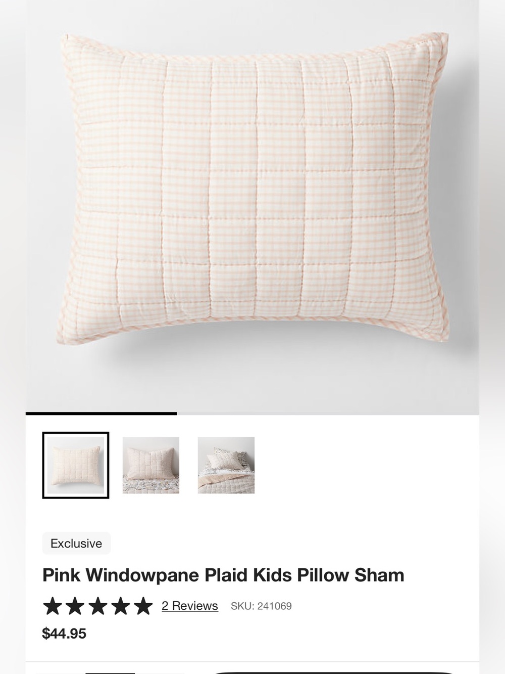 Crate&Barrel Kids Pink Windowpane Pillow Sham